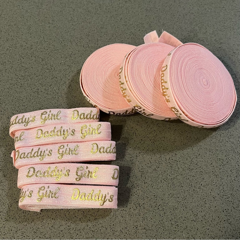 NWT 20 Yards Daddy's Girl Fold Over Elastic Lot 5/8 Pink And Metallic Gold Print